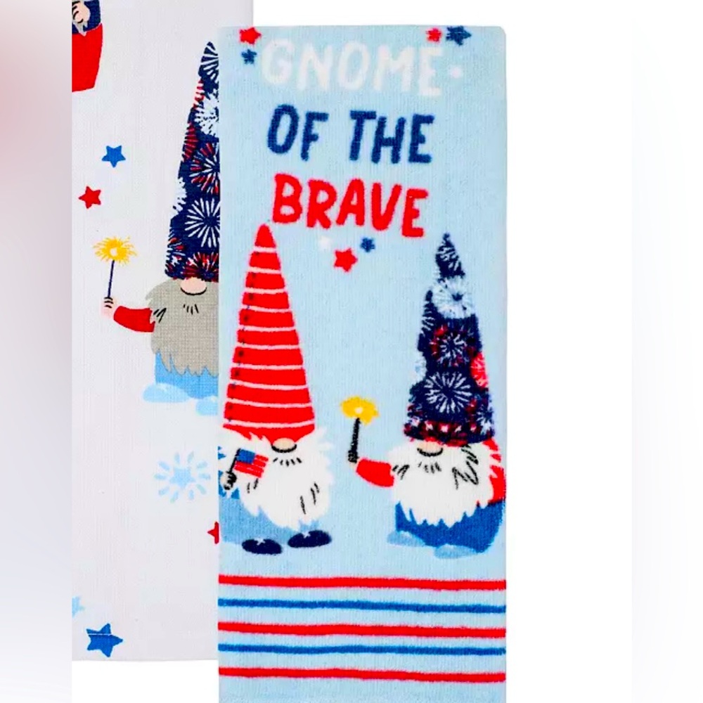 Set of 2 Gnome of the Brave Patriotic Kitchen Towels USA Red White Blue Flags